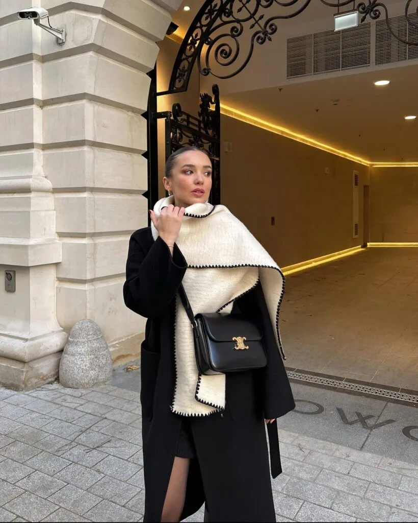 Sophisticated Simplicity: Fitted Black Coat with Statement Scarf — Old Money Winter Outfits