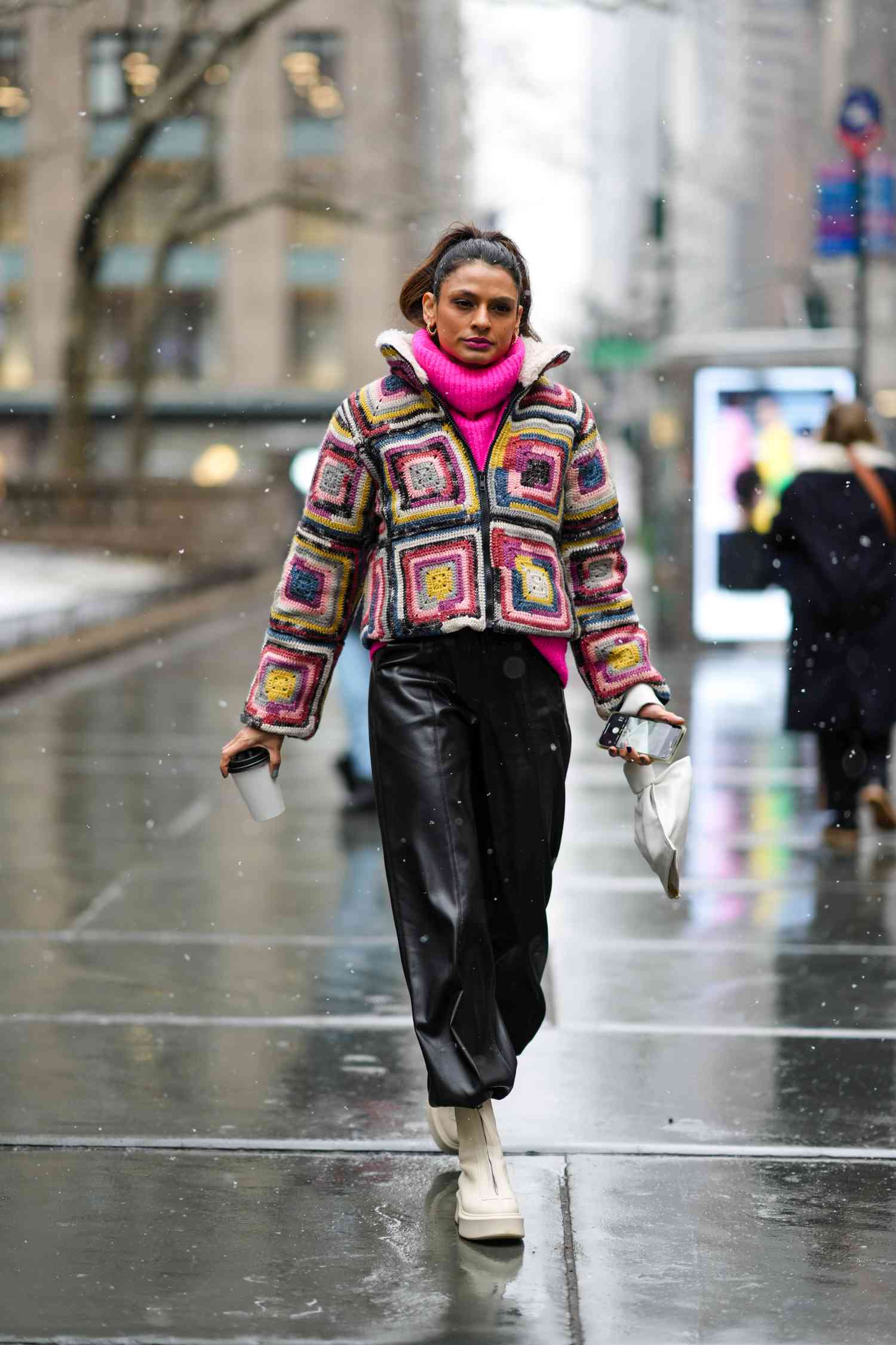 Colorful Crochet Jacket with Pink Turtleneck Colorful Crochet Jacket with Pink Turtleneck — Deep Winter Outfits