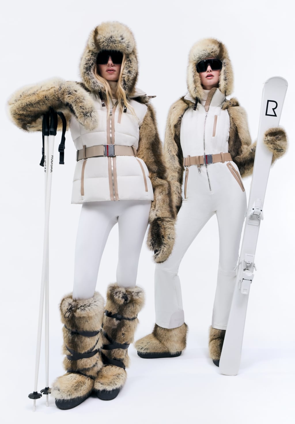 White Ski Outfits with Fur Trim and Puffer Vest White Ski Outfits with Fur Trim and Puffer Vest
