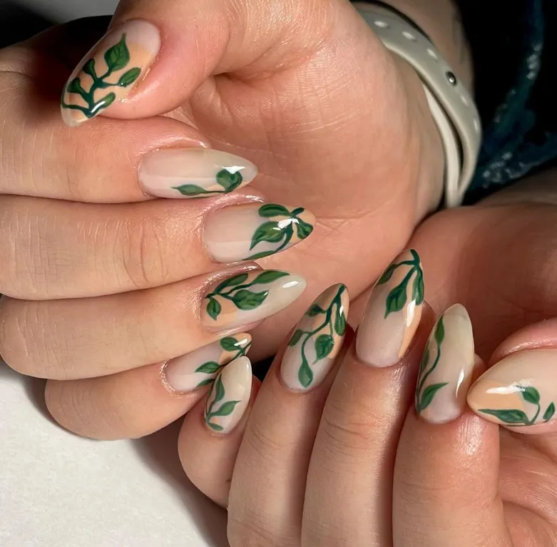 Sheer Nude with Hand-Painted Leaves Sheer Nude with Hand-Painted Leaves — Classy Simple Nail Designs
