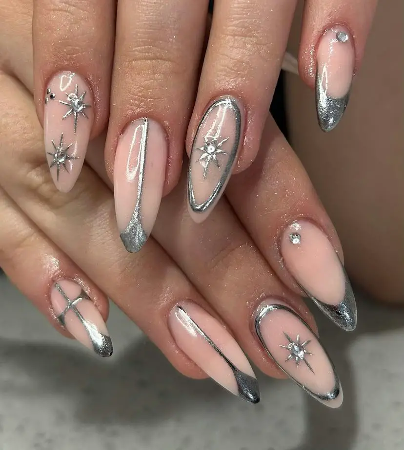 Pale Pink with Silver Chrome French Tips and Starbursts — Chrome Nail Designs