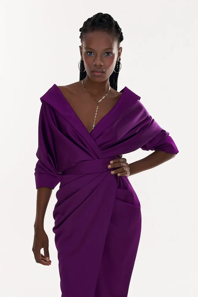 Sculptural Royal Purple Satin Drape Dress Sculptural Royal Purple Satin Drape Dress — Royal Purple Outfits
