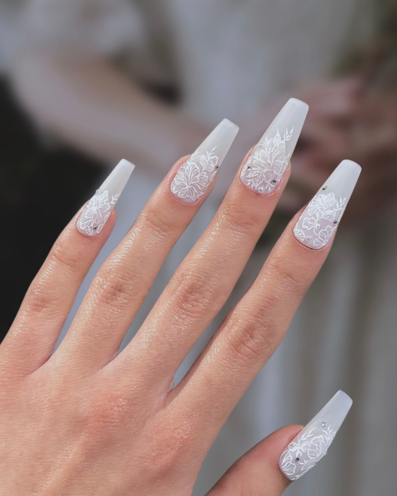 Matte White Lace Pearl Coffin Nails — Lace Nails