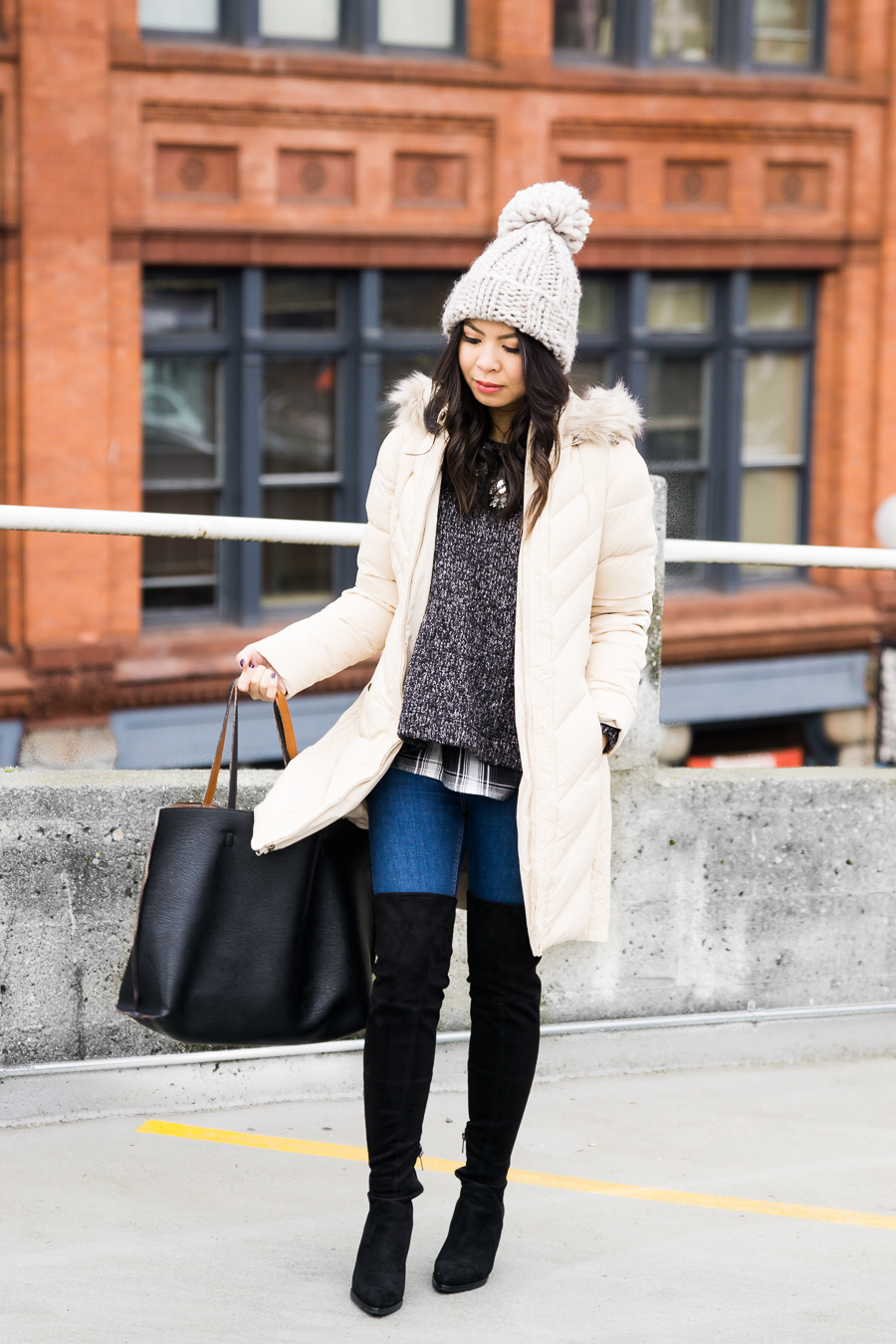 Cream Puffer Coat with Over-the-Knee Boots — Winter Outfits for Petite Women