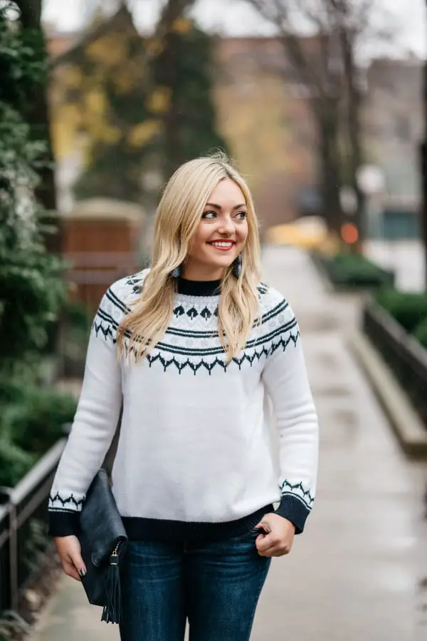 White Fair Isle with Slim Jeans and Clutch White Fair Isle with Slim Jeans and Clutch — Fair Isle Sweater Outfits