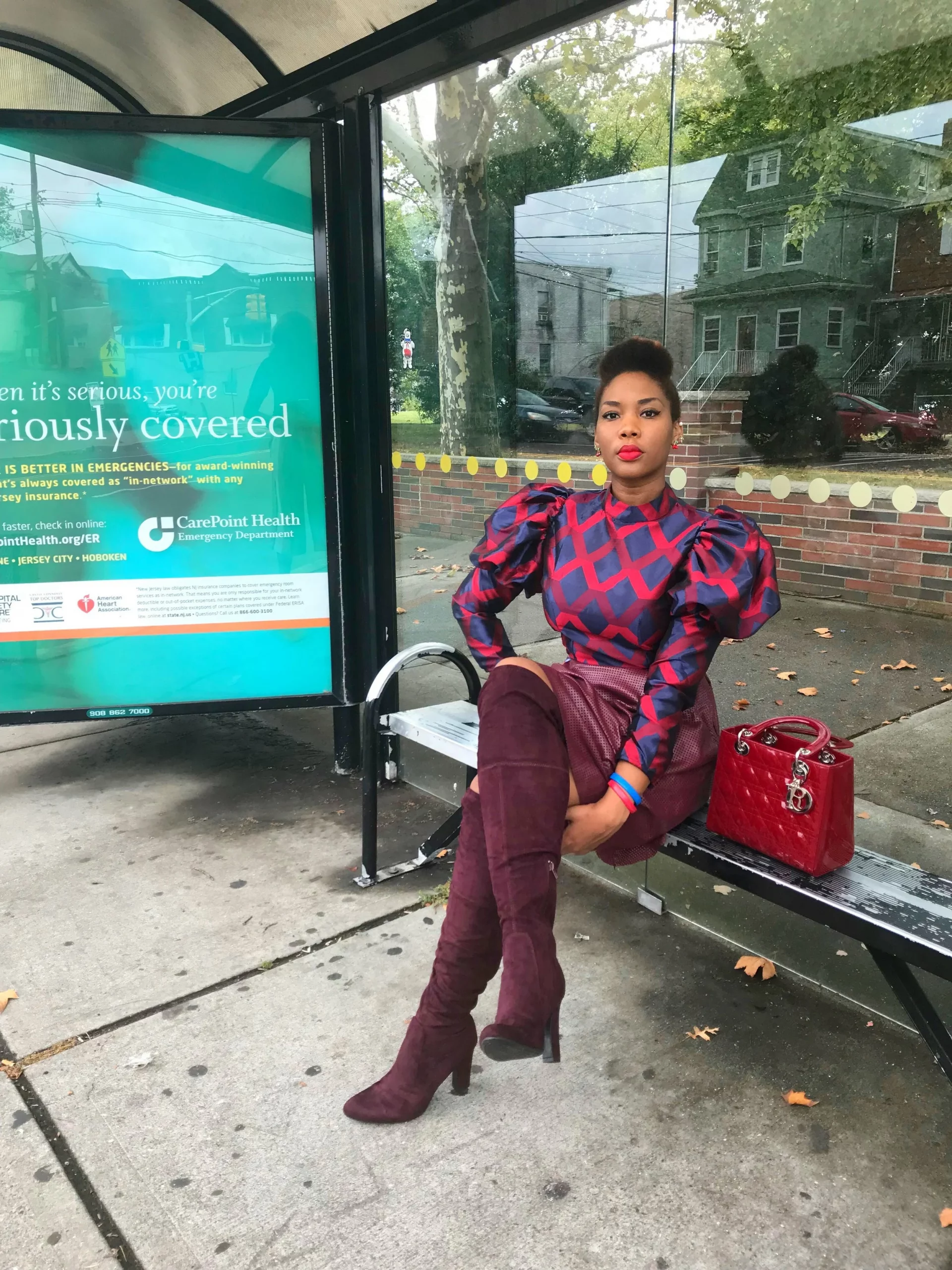 Textured Burgundy Mini Skirt with Puffed Sleeve Top and Suede Boots Textured Burgundy Mini Skirt with Puffed Sleeve Top and Suede Boots — Burgundy Outfits