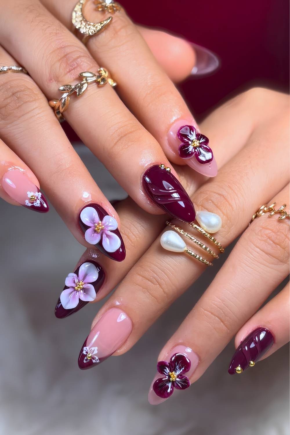 Glossy Burgundy With 3D Floral Embellishments and Gold — Burgundy Nails