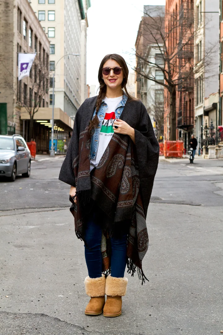 Poncho Layering with Tan Uggs and Denim Jacket — Ugg Boots Outfits