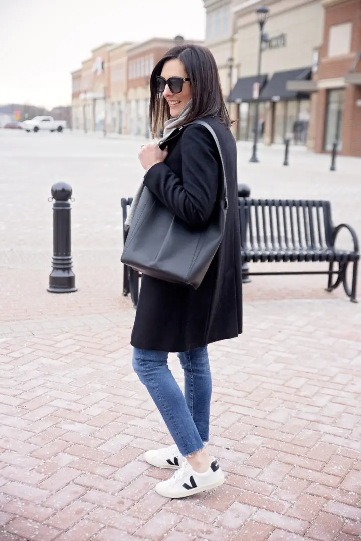 Black Wool Car Coat with Grey Scarf and Tote Bag — Car Coat Outfits