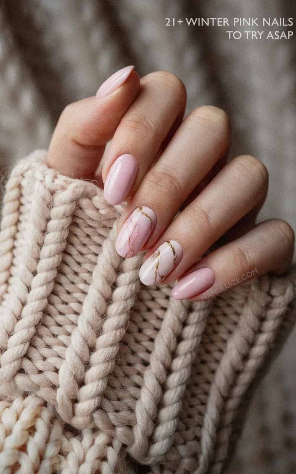 Light Pink Marble Gold Line Almonds Light Pink Marble Gold Line Almonds — Short Winter Almond Nails