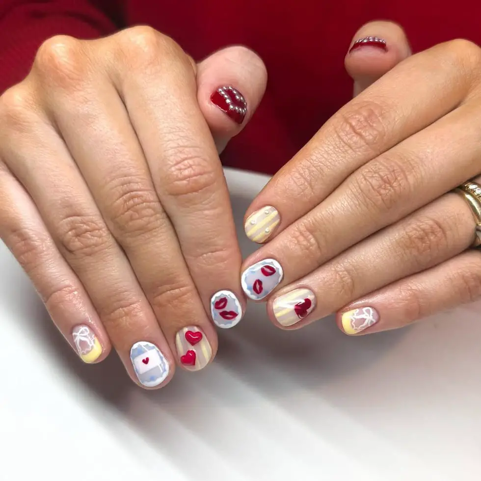 Playful Valentine's Day Motifs on Short Square Nails Playful Valentine's Day Motifs on Short Square Nails — Short Nail Designs