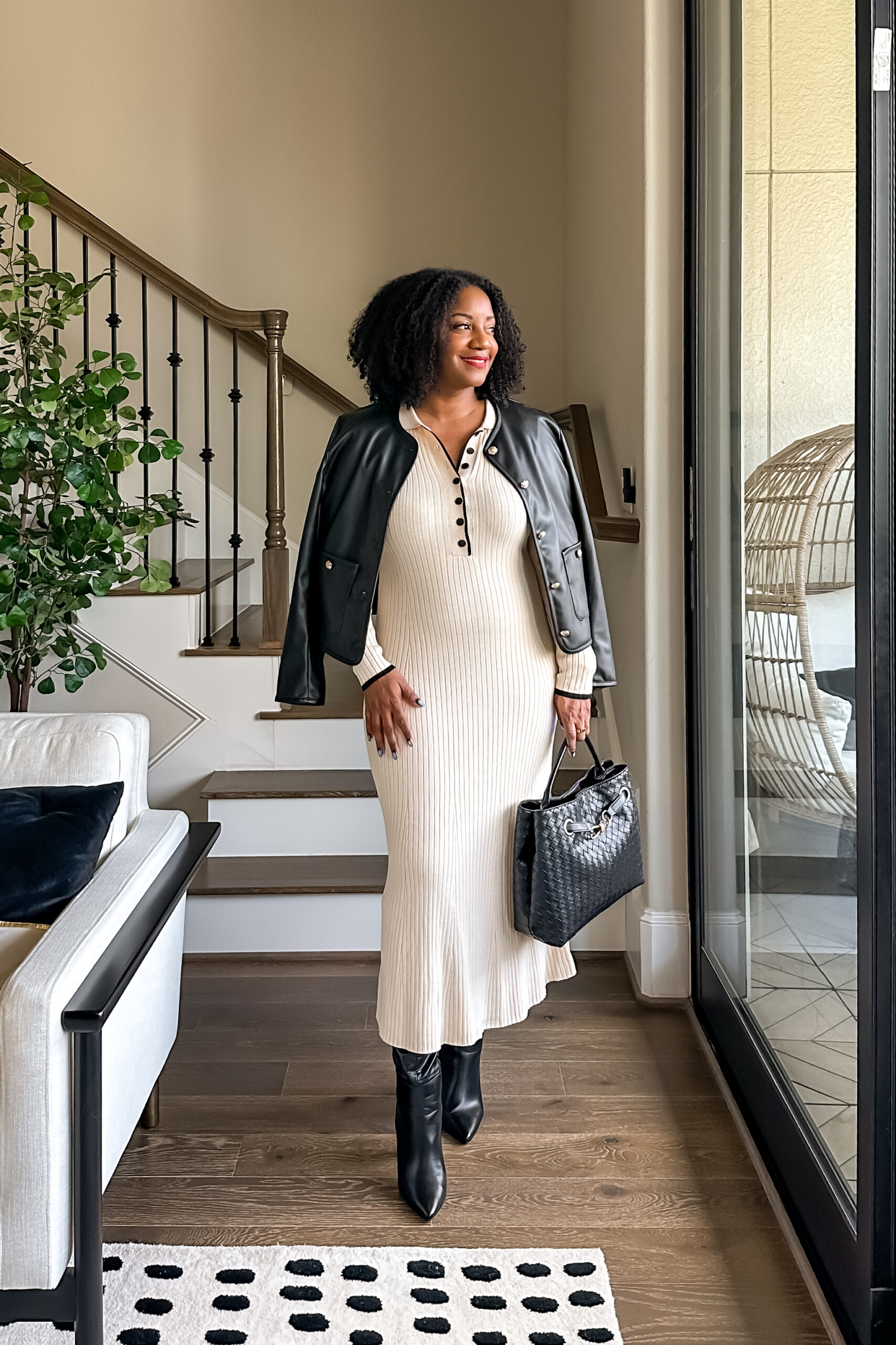 Faux-Leather Jacket and Midi Dress with Pointed Boots Faux-Leather Jacket and Midi Dress with Pointed Boots — Black Boots Outfits