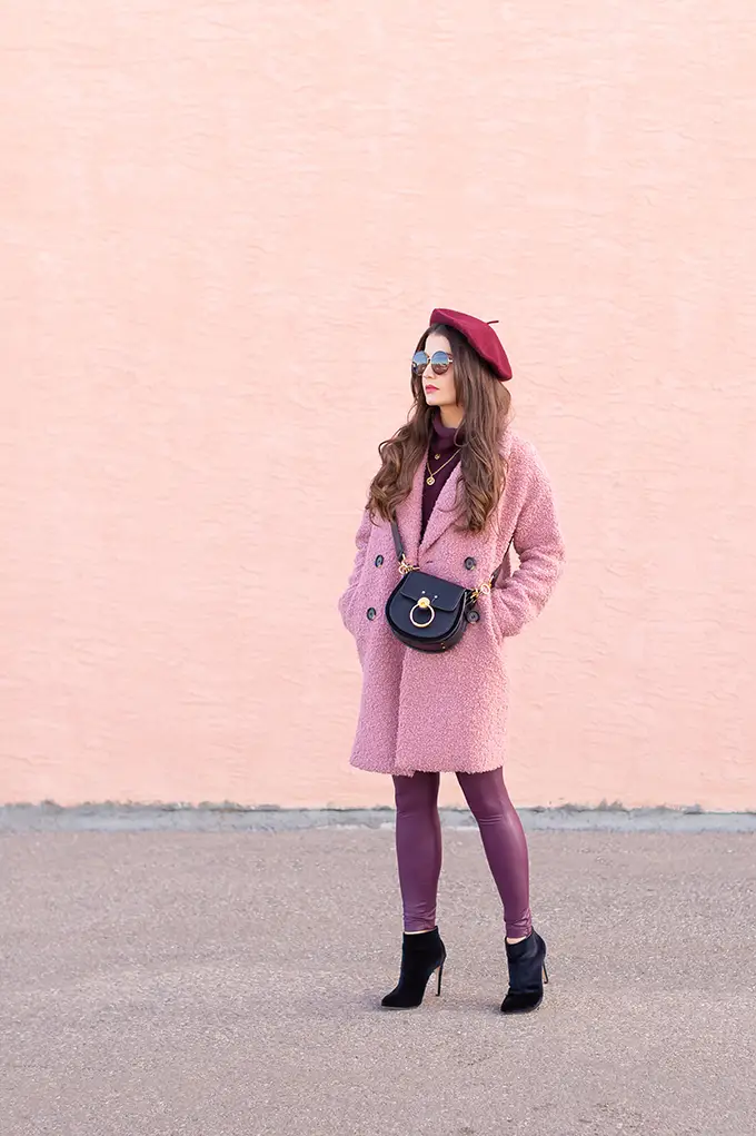 Burgundy Beret with Textured Pink Coat for Evening Glam — Beret Outfits