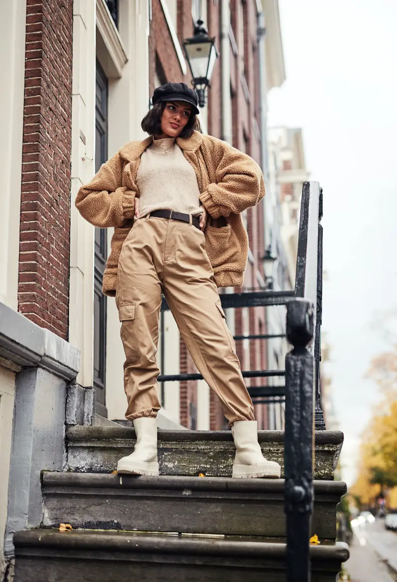 Oversized Teddy Jacket with Cream Sweater and Cargo Pants — Neutral Winter Outfits