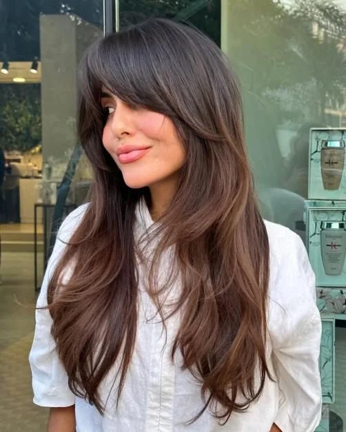 Mid-Back Layered Cut With Curtain Bangs — Winter Haircuts for Thin Hair