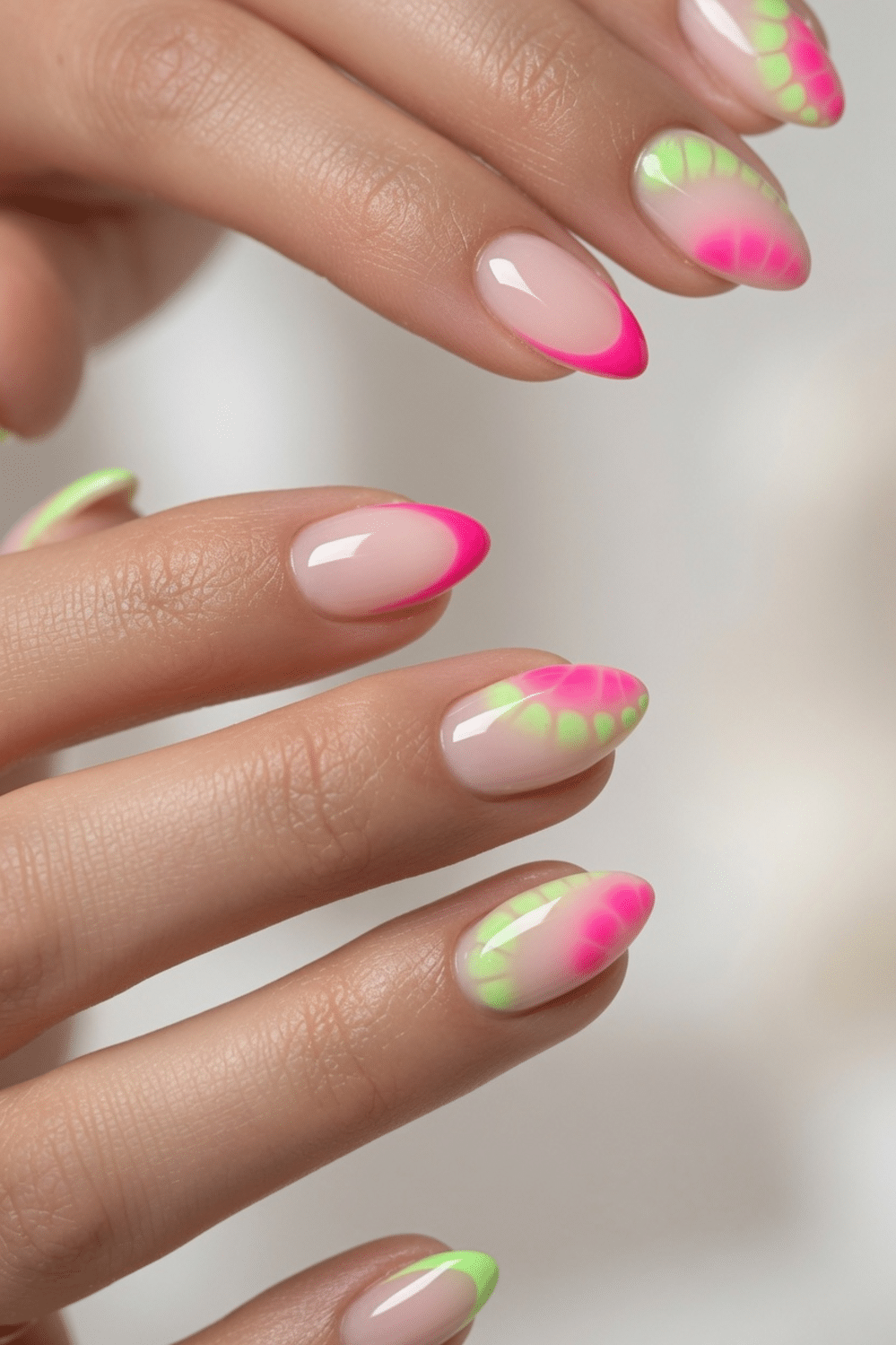 Neon Gradient Floral Almonds Neon Gradient Floral Almonds — Trendy Almond Nail Designs