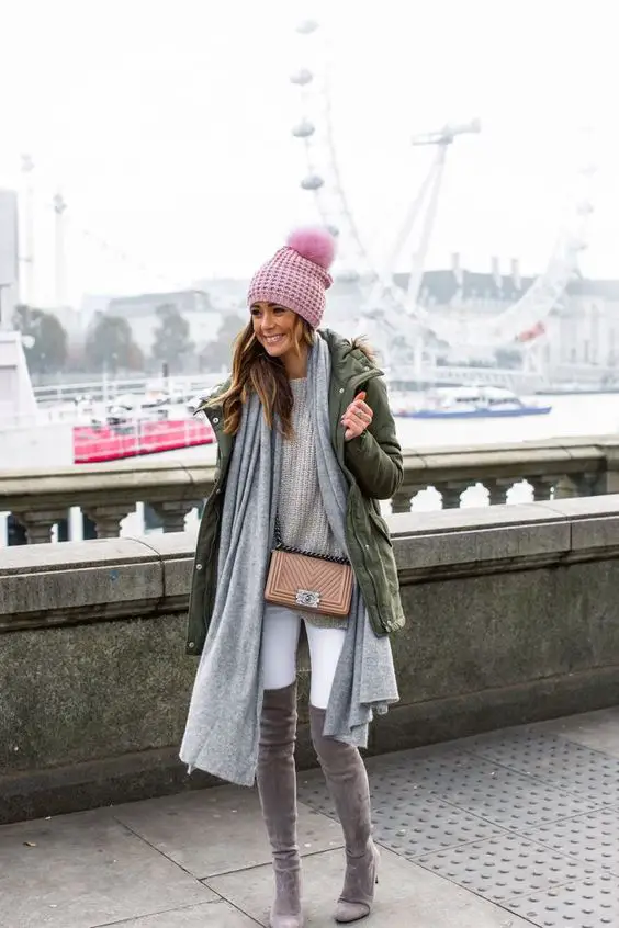 Olive Green Parka Over Grey Sweater with Over-the-Knee Boots Olive Green Parka Over Grey Sweater with Over-the-Knee Boots — Winter Layering Outfits