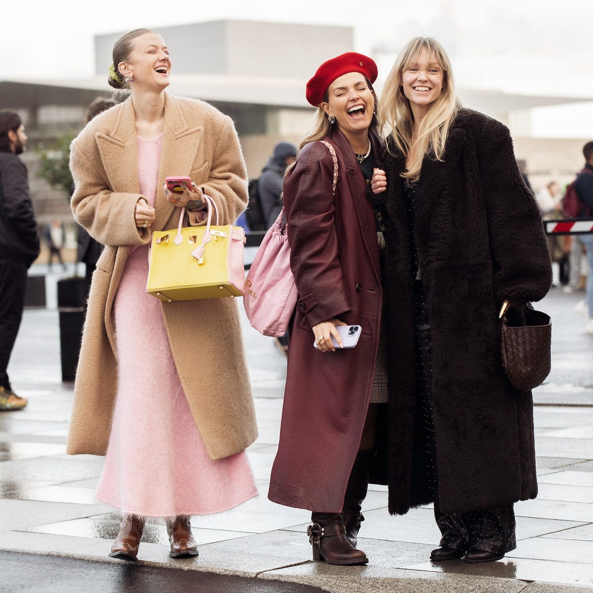 Camel Coat Over Pink Knit Maxi Dress with Yellow Bag — Scandinavian Winter Outfits
