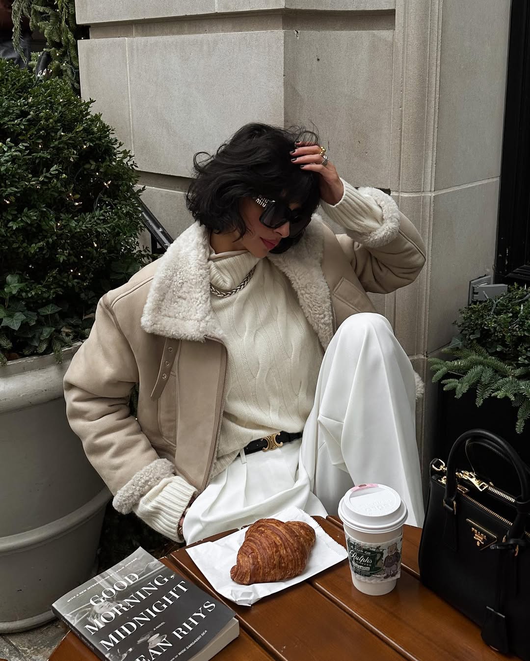 Cropped Beige Aviator Jacket with Cable Knit Turtleneck — Shearling Coat Outfits
