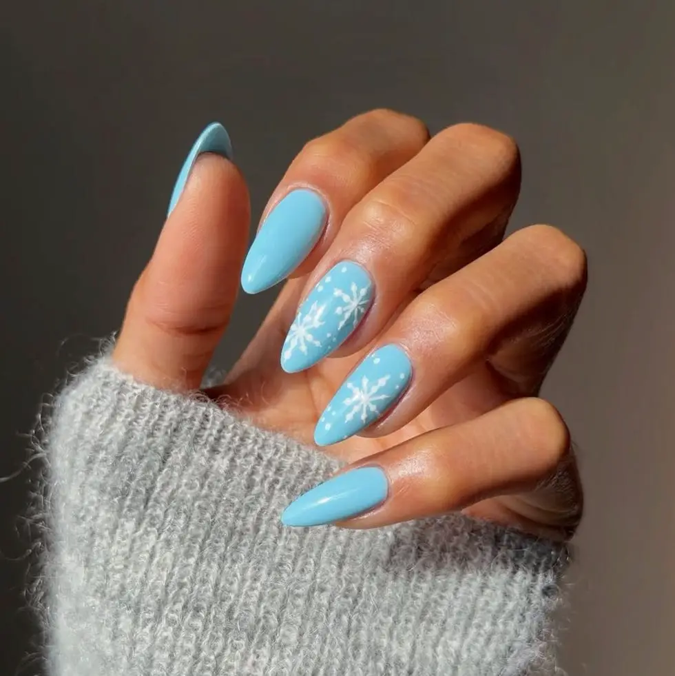 Light Blue Snowflake Dot Almond Nails — Winter Gel Nails