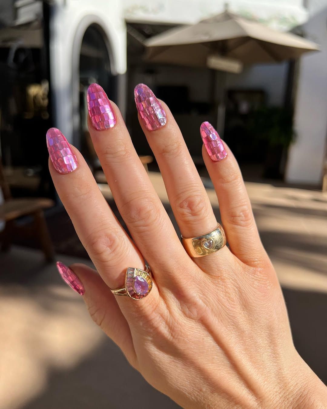 Shimmering Pink Mosaic Tile Nails Shimmering Pink Mosaic Tile Nails — Winter Nail Colors for Women Over 50