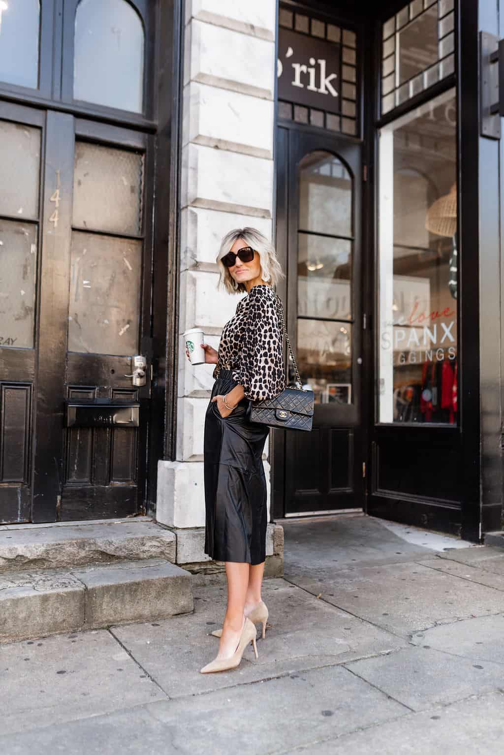 Work or Casual: Black Culotte Skirt with Leopard Blouse Work or Casual: Black Culotte Skirt with Leopard Blouse — Leather Skirt Outfits