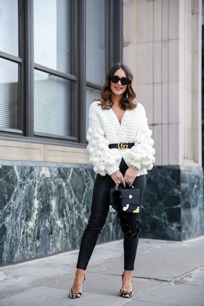 Chunky Knit Cardigan with Pom-Poms and Faux Leather Chunky Knit Cardigan with Pom-Poms and Faux Leather — Cardigan Outfits