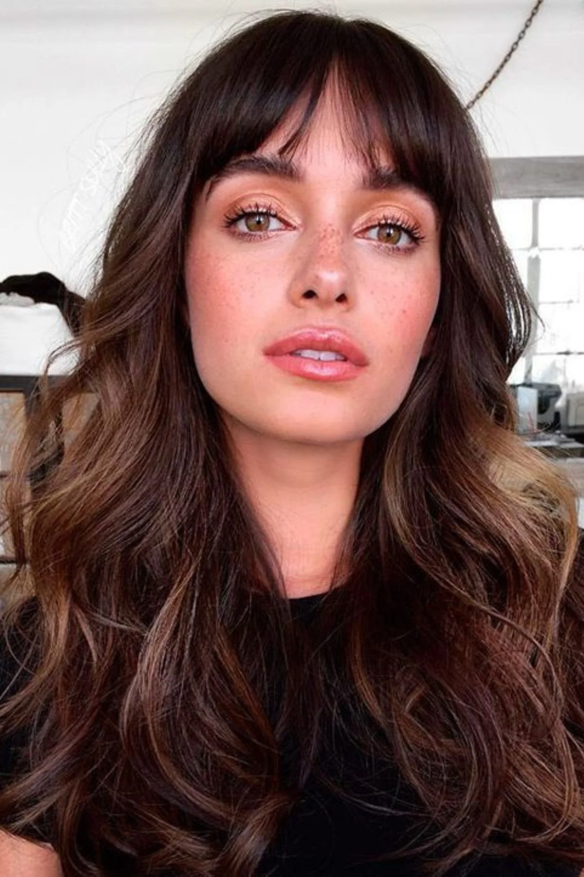 Mid-Back Dark Brown With Balayage Mid-Back Dark Brown With Balayage — Winter Haircuts with Bangs