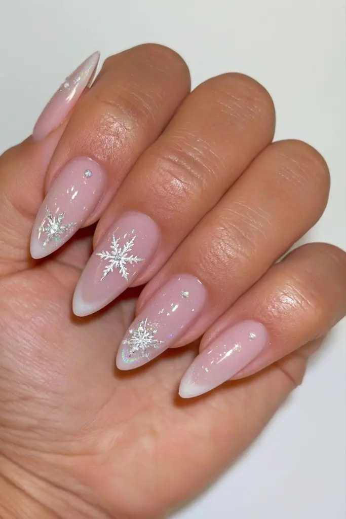 Sheer Pink French with Snowflake Decals Sheer Pink French with Snowflake Decals — Winter Ombre Nails