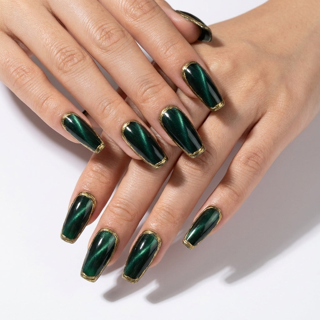 Medium Coffin Emerald Cat-Eye with Gold Border Medium Coffin Emerald Cat-Eye with Gold Border — Emerald Green Nails