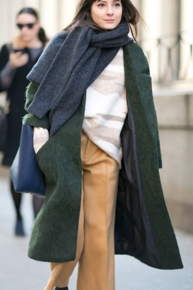 Textured Green Coat with Patterned Sweater and Wide-Leg Pants Textured Green Coat with Patterned Sweater and Wide-Leg Pants — Winter Layering Outfits