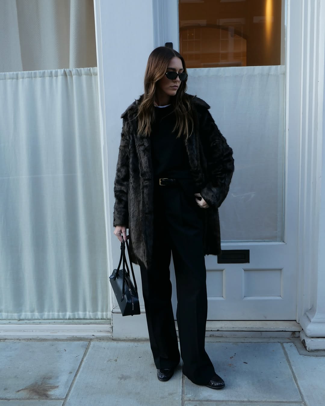 Dark Brown Faux Fur Coat with Black Wide-Leg Trousers — Shearling Coat Outfits