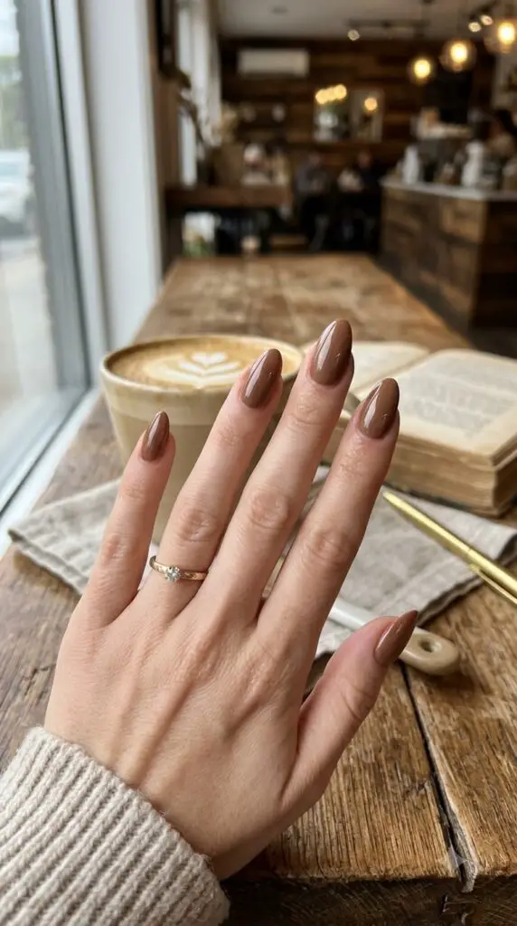 None Glossy Medium Brown Almond Nails None Glossy Medium Brown Almond Nails — Mocha Nails