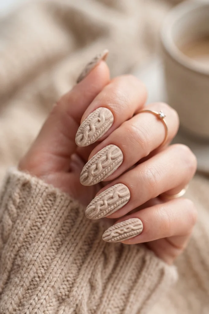 Ultra-Realistic Beige Cable Knit Nails Ultra-Realistic Beige Cable Knit Nails — Winter Nail Designs