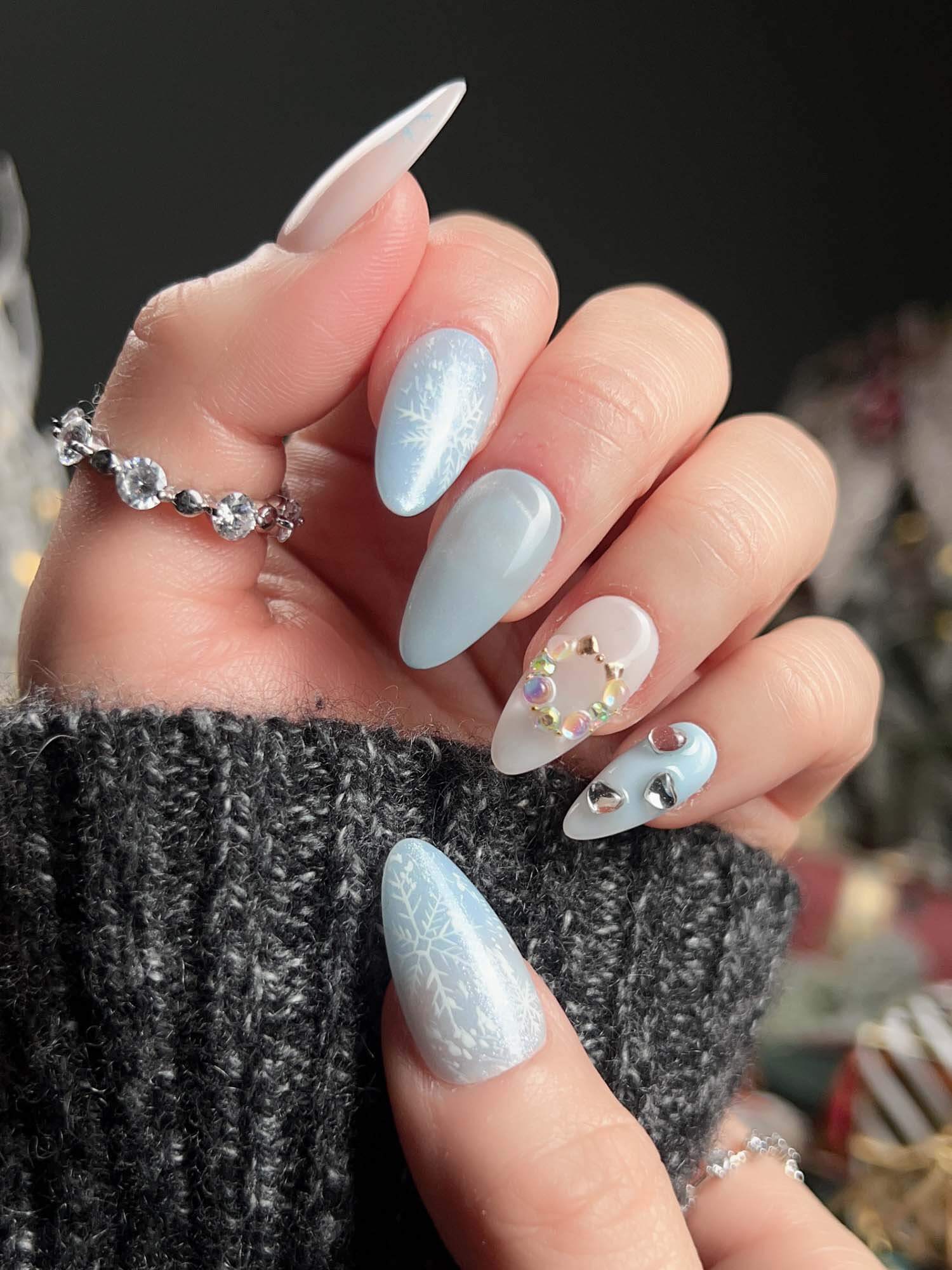 Light Blue Shimmer with Snowflakes and Rhinestones Light Blue Shimmer with Snowflakes and Rhinestones — Winter Almond Nails