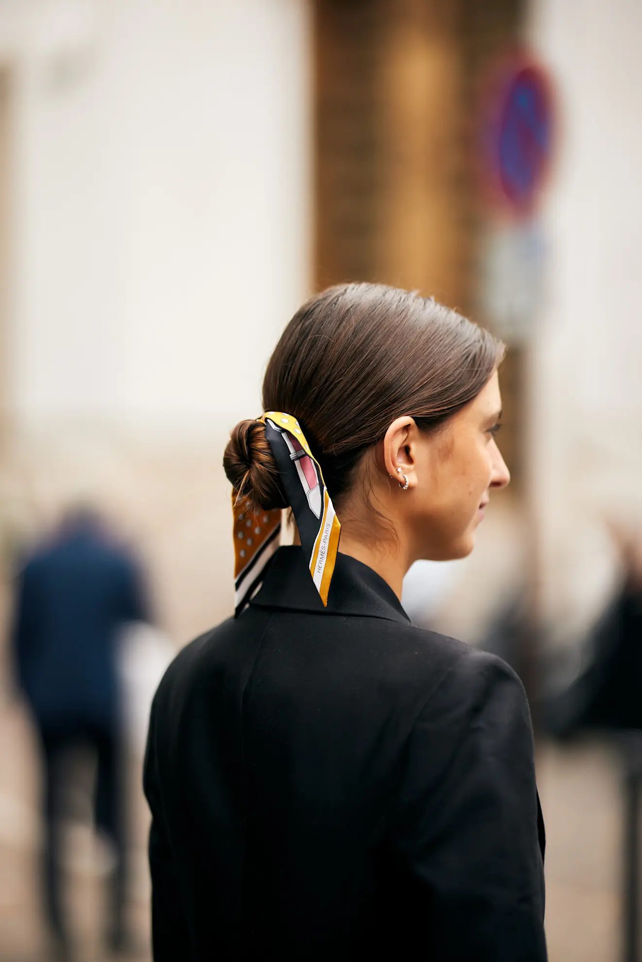 Dark Brown Low Bun with Colorful Scarf Dark Brown Low Bun with Colorful Scarf — Winter Hairstyles with Scarf