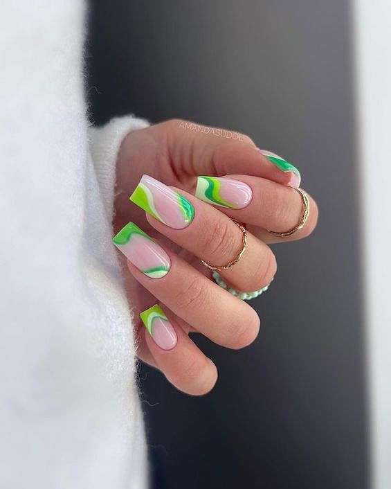Neon Green Swirl French Tip Square Nails Neon Green Swirl French Tip Square Nails — Green Nail Designs