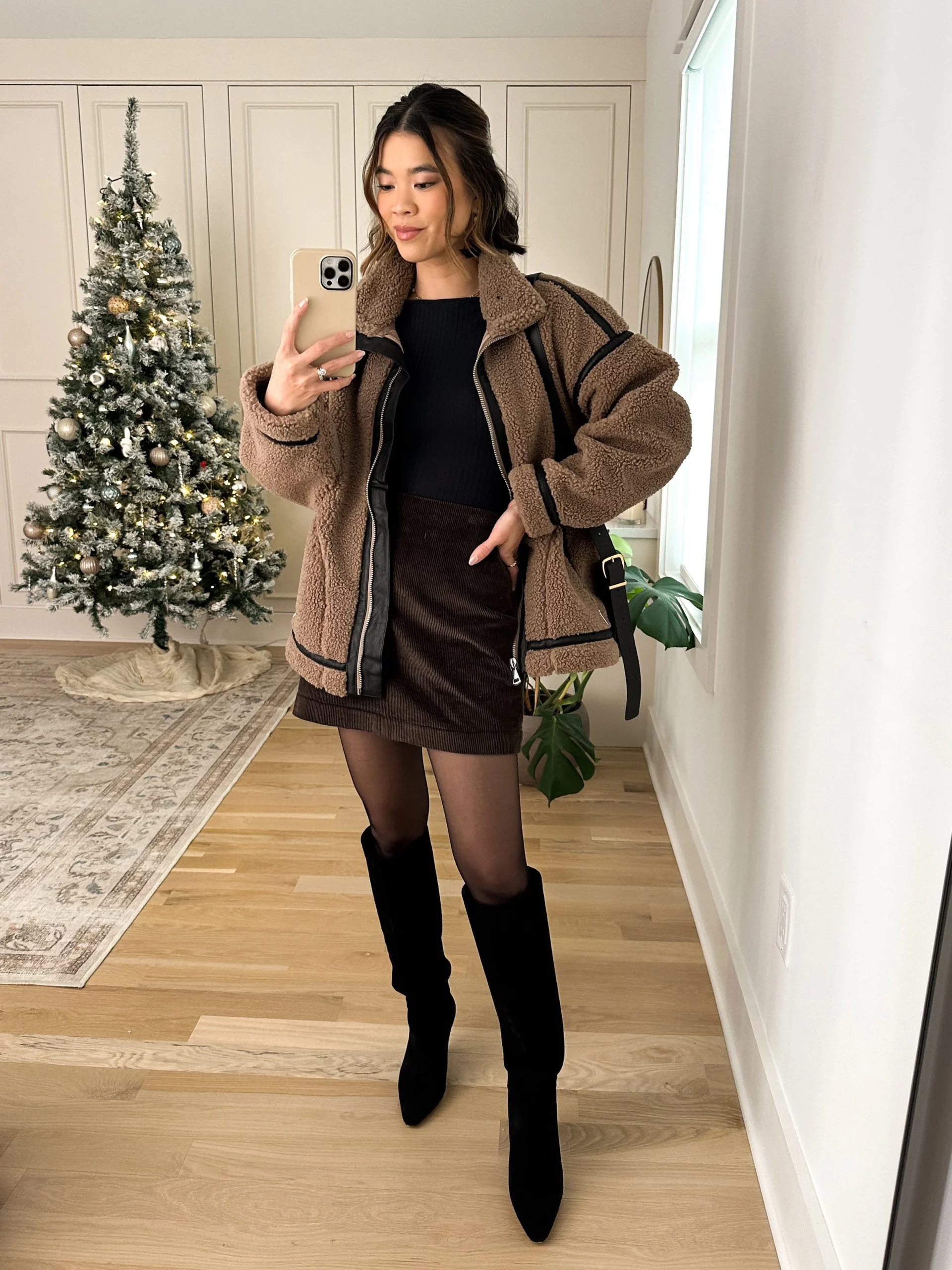 Faux Fur Lined Jacket over Corduroy Skirt and Boots Faux Fur Lined Jacket over Corduroy Skirt and Boots — Nashville Winter Outfits