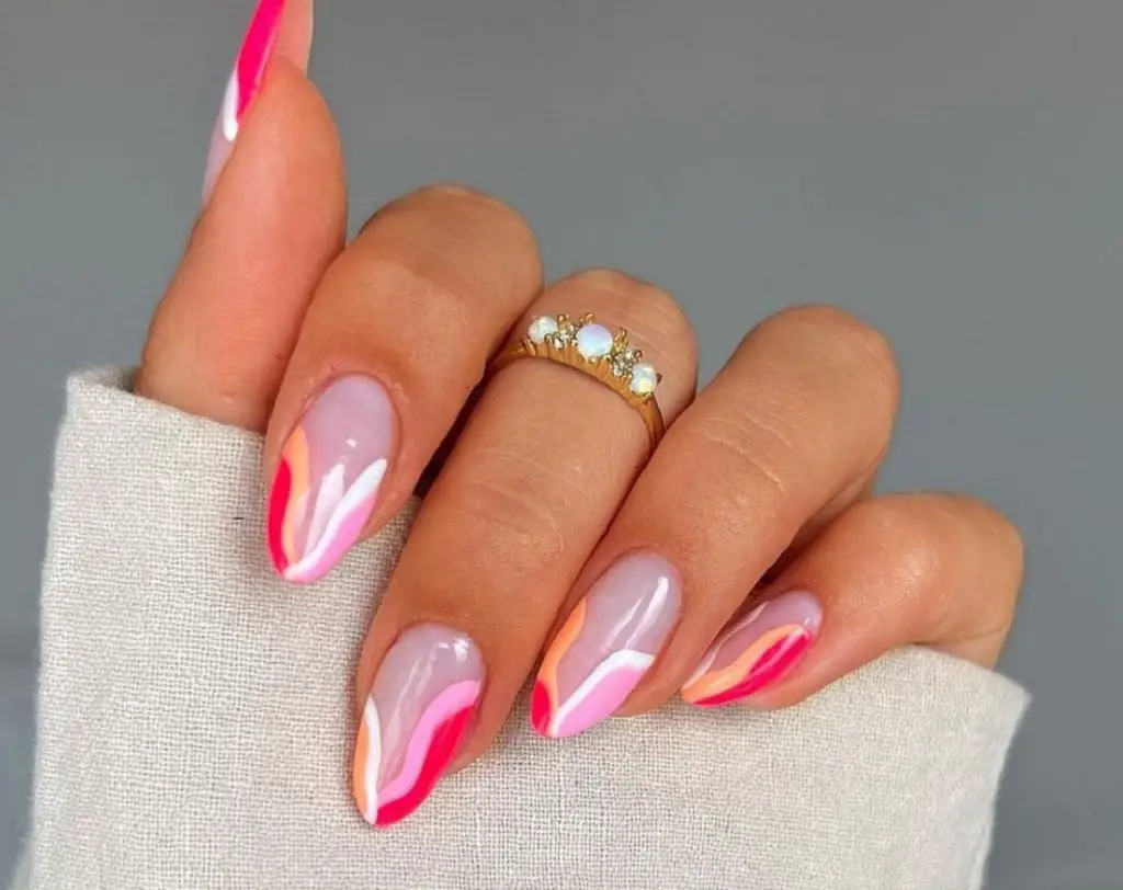Medium Almond Nude Wavy Lines Medium Almond Nude Wavy Lines — Trendy Simple Nail Designs