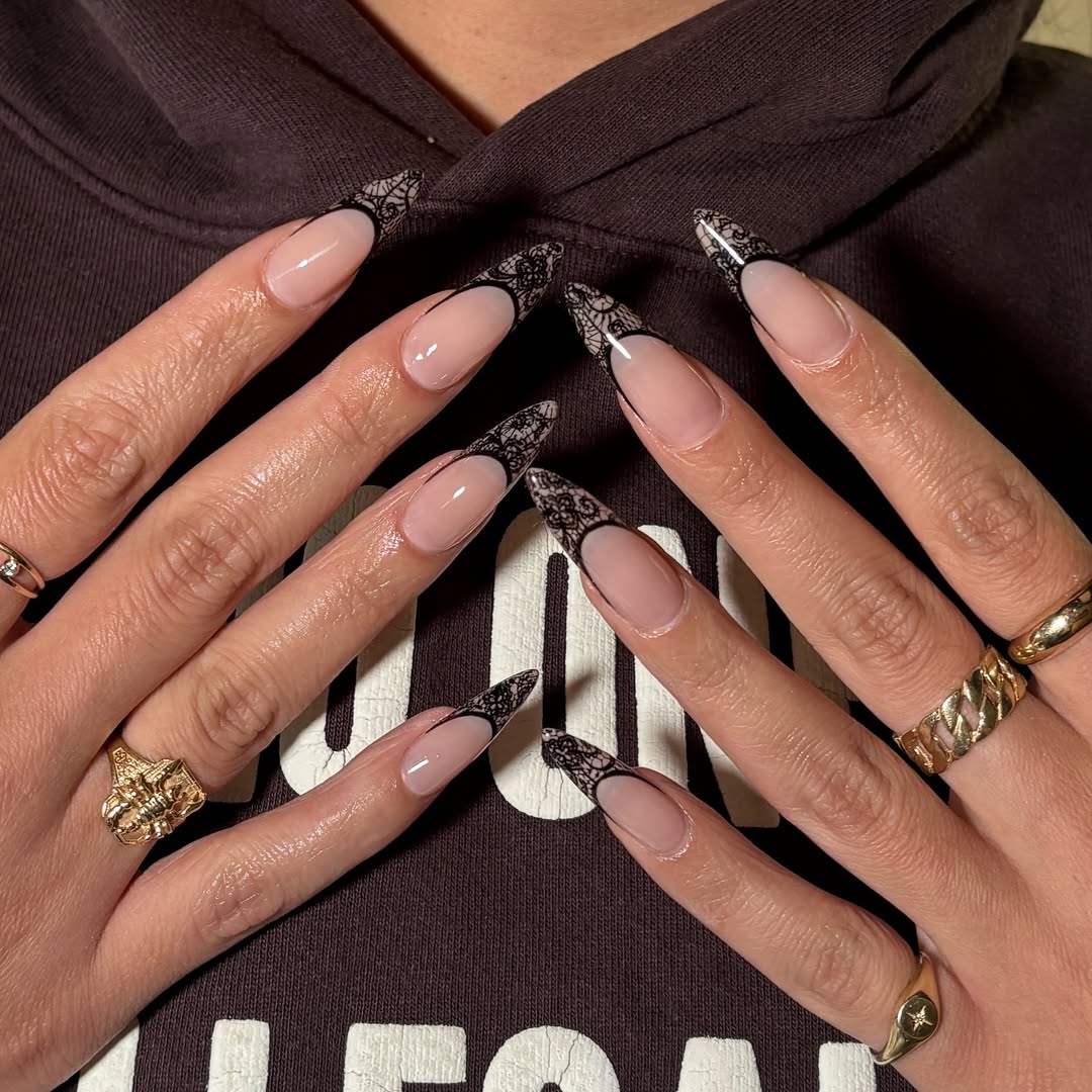Black Lace French Tip Square Nails — Lace Nails