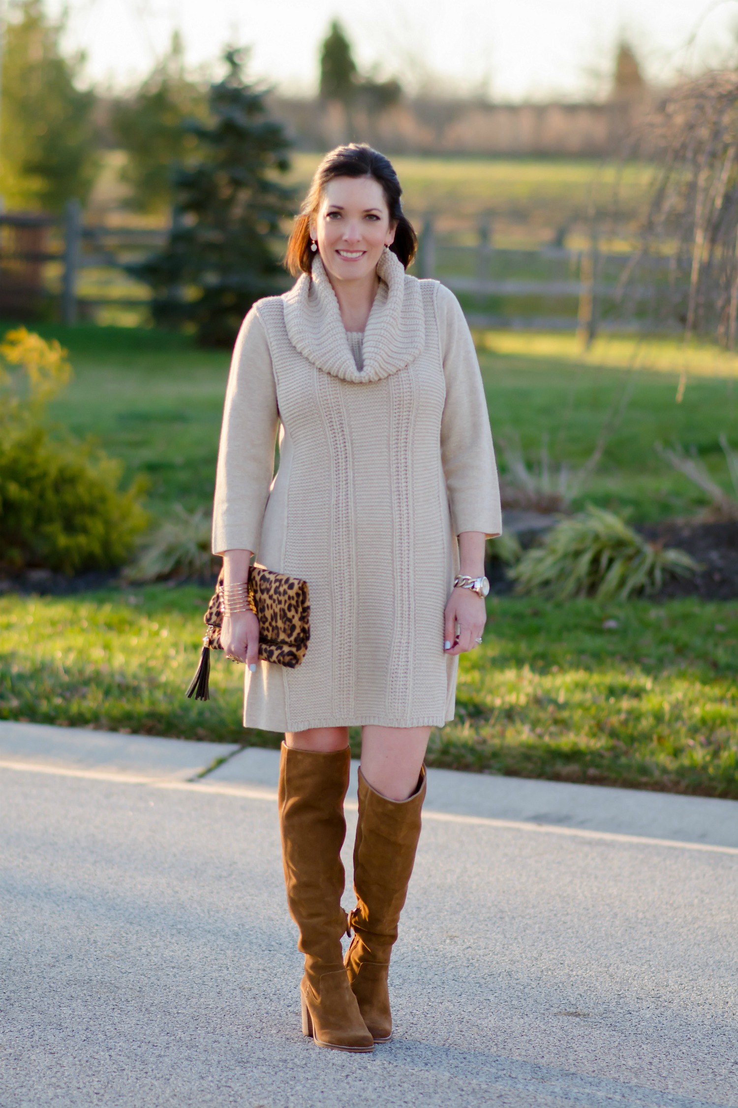 Cream Sweater Dress with Cowl Neck and Leopard Clutch Cream Sweater Dress with Cowl Neck and Leopard Clutch — Sweater Dress Outfits