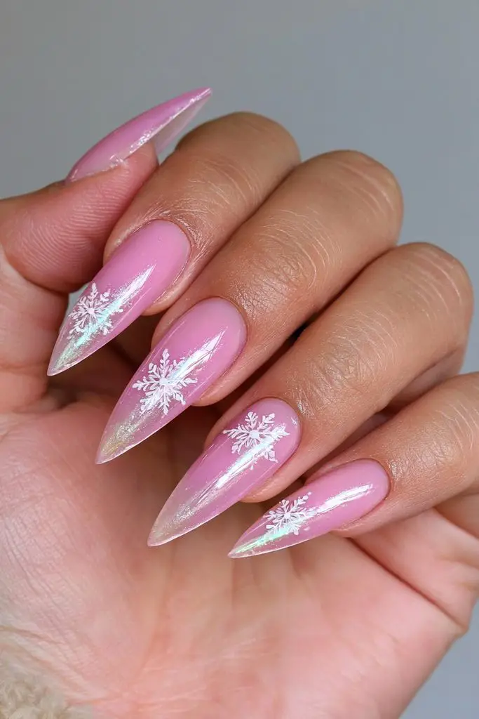 Translucent Pink Iridescent Snowflake Nails Translucent Pink Iridescent Snowflake Nails — Simple Winter Nails