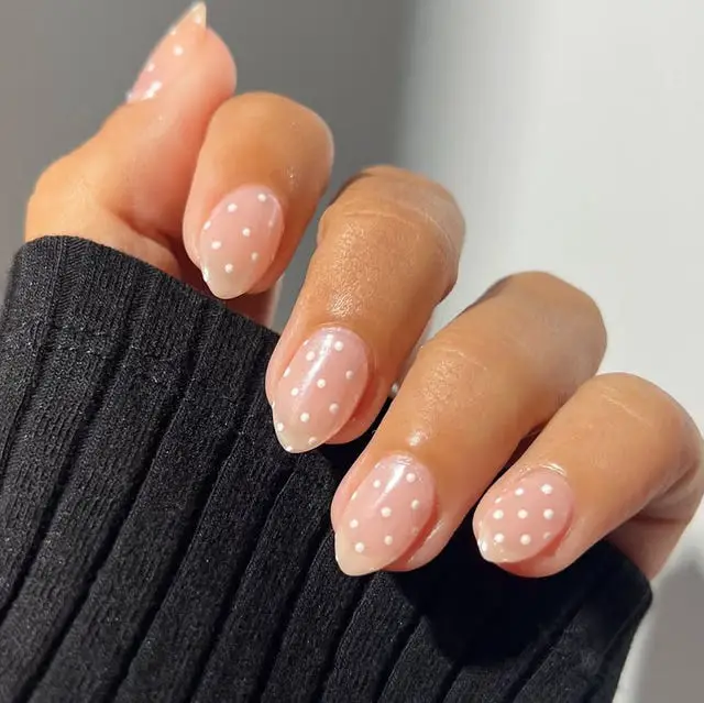 Medium Oval Sheer Pink White Polka Dots — Simple Nail Designs