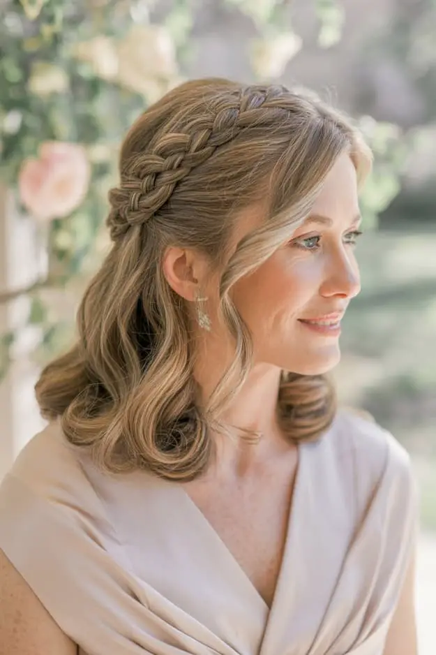 Light Brown Half-Up With Braided Crown Light Brown Half-Up With Braided Crown — Winter Wedding Hairstyles