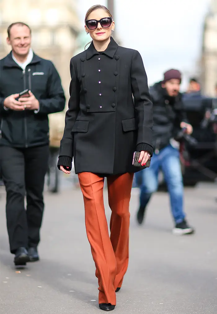 Black Peacoat with Knit Cuffs and Rust Orange Flares — Peacoat Outfits