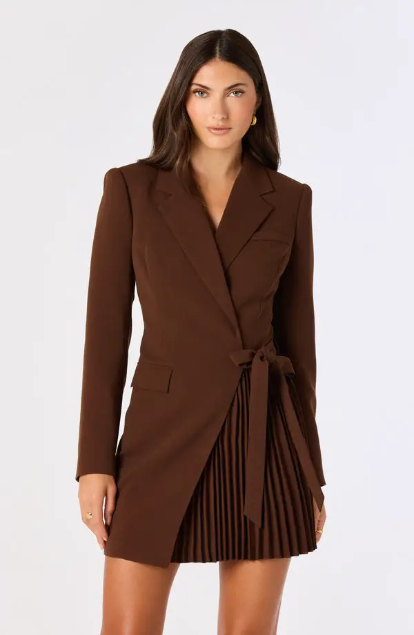 Deep Chocolate Brown Wrap Blazer Dress with Pleats — Chocolate Brown Outfits