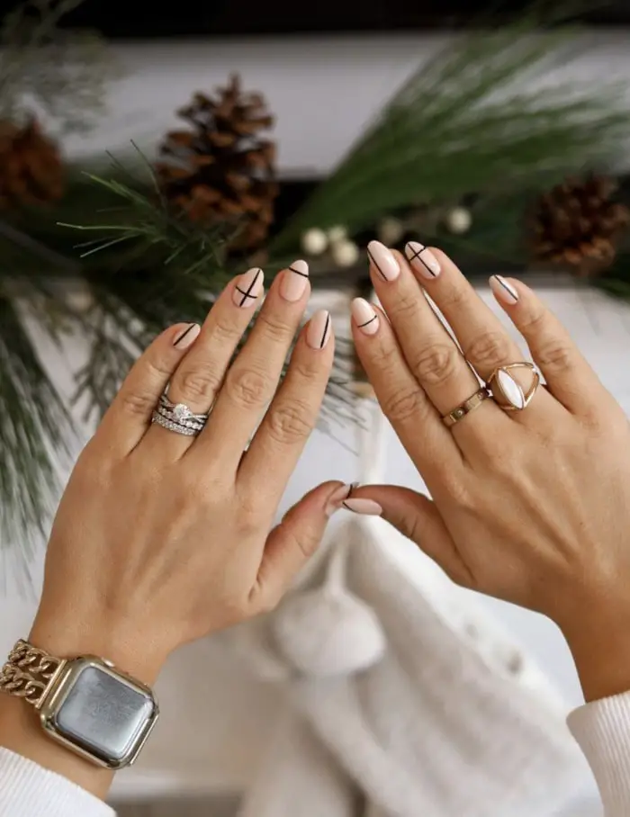 Pale Pink With Minimalist Black Lines — Neutral Winter Nails