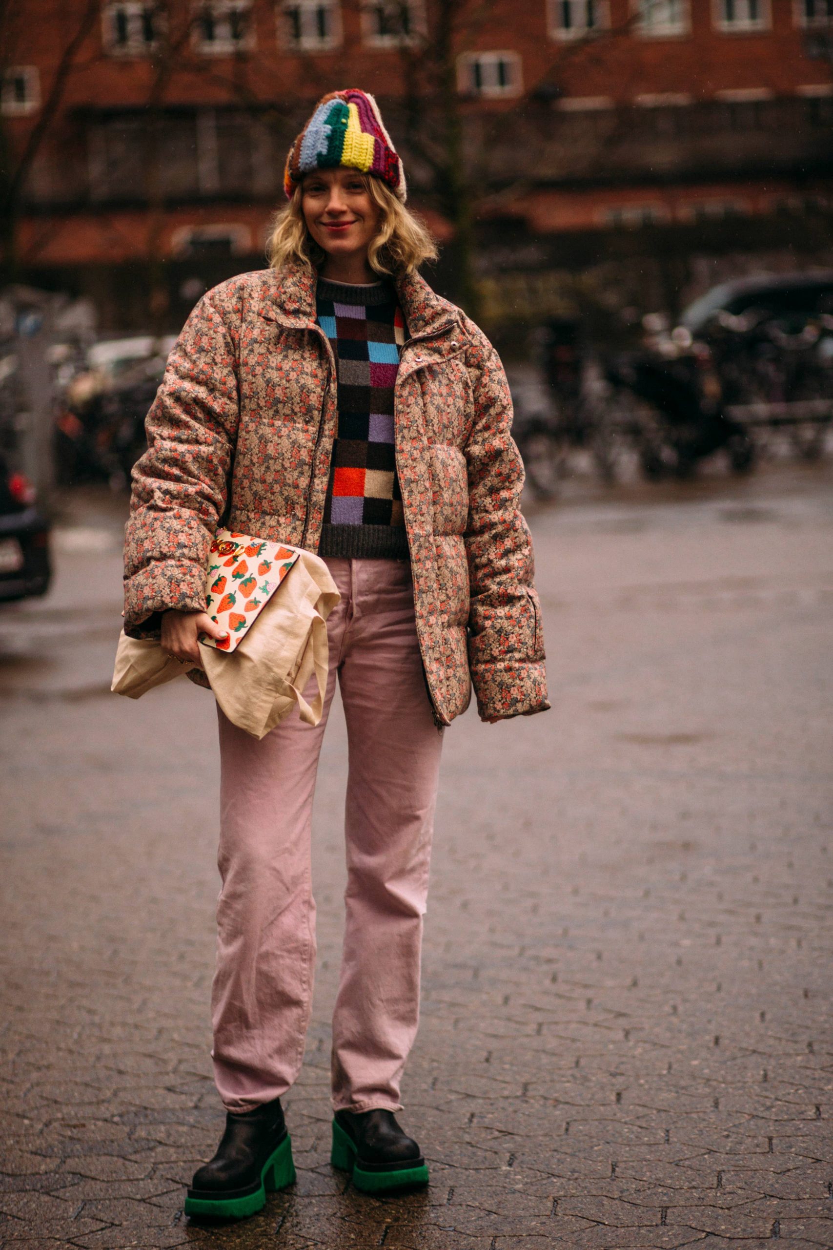 Maximalist Floral Puffer with Striped Knit and Corduroy — Scandinavian Winter Outfits