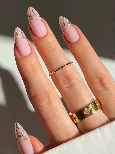 Pale Pink Gold Leaf Almonds Pale Pink Gold Leaf Almonds — Almond Nail Designs