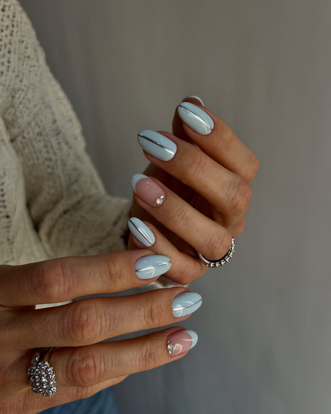 Sheer Nude with Light Blue Silver Lines Sheer Nude with Light Blue Silver Lines — Icy Blue Nails